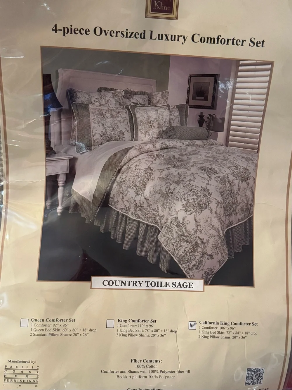 Sherry Kline Home Country Toile Sage 4 piece Comforter Set California King Green